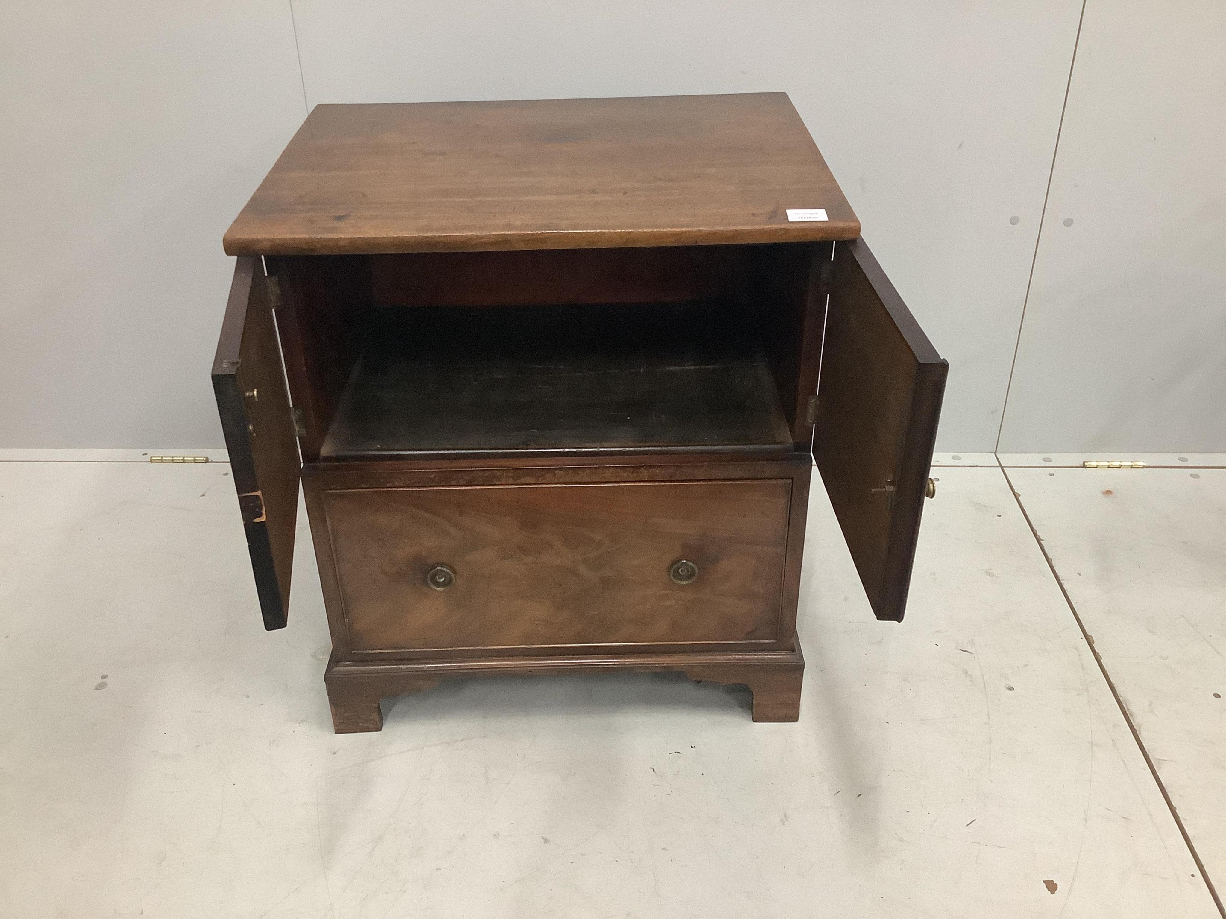 A George III mahogany bedside cabinet, width 65cm, depth 50cm, height 73cm. Condition - fair